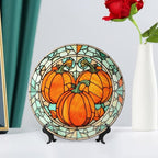 Decorative Plates, Stained Glass Watercolor Pumpkin Ceramic Dinner Plate Home Wobble-Plate with Display Stand, Autumn Wall Hanging Decor for Living Dining Room Kitchen Household 8 Inch