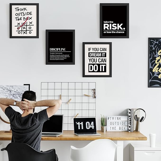 DSHFG Motivational Office Inspirational Wall Art Prints Set of 4, Think Outside the Box Motivational Balck Wall Art Posters for Office Home Decor, 8x10 Unframed