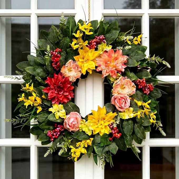 Spring Summer Eucalyptus Wreaths for Front Door Outside 24Inch Door Yellow Daisy Wreath with Sunflower Peony Dahlia Green Leaves for All Season Indoor Outdoor Home Farmhouse Porch Wall Window Decor