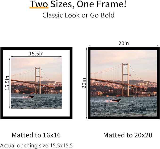 20x20 Picture Frame 3 Pack - Black Poster Frame Display Pictures 16x16 with Mat or 20 x 20 Without Mat for Wall Hanging Horizontal and Vertical