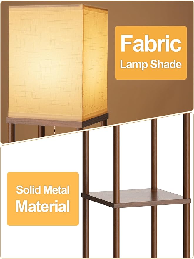 Floor Lamp with Shelves for Living Room Walnut Brown, Shelf Floor Lamp with 3 CCT LED Bulb, Corner Display Standing Column Lamp Etagere Organizer Tower Nightstand with White Linen Shade for Bedroom