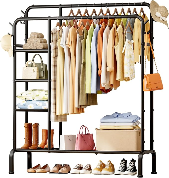 Clothes Rack - Double-Rod Clothing Rack with Built-In Hooks & Shelves, Multi-Functional Wardrobe Closet for Bedroom, Living Room, Entryway, 41.3" x 15.3" x 59.8", Black