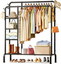 Clothes Rack - Double-Rod Clothing Rack with Built-In Hooks & Shelves, Multi-Functional Wardrobe Closet for Bedroom, Living Room, Entryway, 41.3" x 15.3" x 59.8", Black