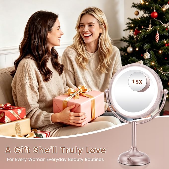 VESAUR Lighted Makeup Mirror Rose Gold Nickel, Double Sided 1X/10X HD Undistorted Magnifying Mirror, 8.5" Vanity Mirror with 3 Colors Dimmable 90 Bright LEDs, 360°Swivel Two Power Supply, Luxury Gifts