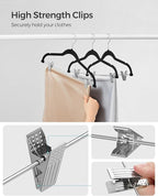 SONGMICS 50-Pack Pants Hangers, 16.7-Inch Long Velvet Hangers with Adjustable Clips, Heavy-Duty, Non-Slip Skirt Hangers, Space-Saving for Pants, Skirts, Coats, Dresses, Black UCRF012B50