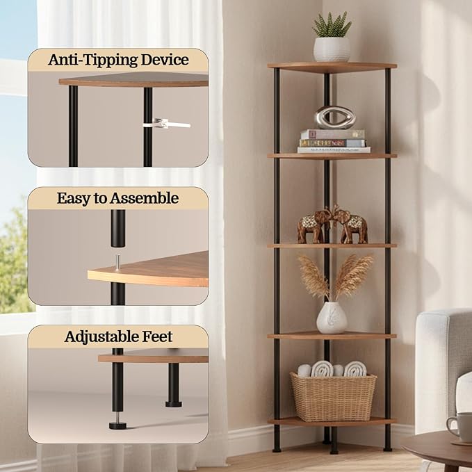 5-Tier Corner Shelf Stand, 52" Industrial Corner Display Rack for Living Room, Bookshelf, Tall Display Shelf, Plant Stand, Storage Standing Shelf for Bedroom, Bathroom, Kitchen, Brown