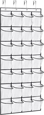 28Large Pockets Over The Door Shoe Organizer, Hanging Shoe Organizer for Closet, Premium Clear Shoe Rack for Door, Shoes Hanger Organizers Storage Holder for Back of Door and 4Metal Hook White