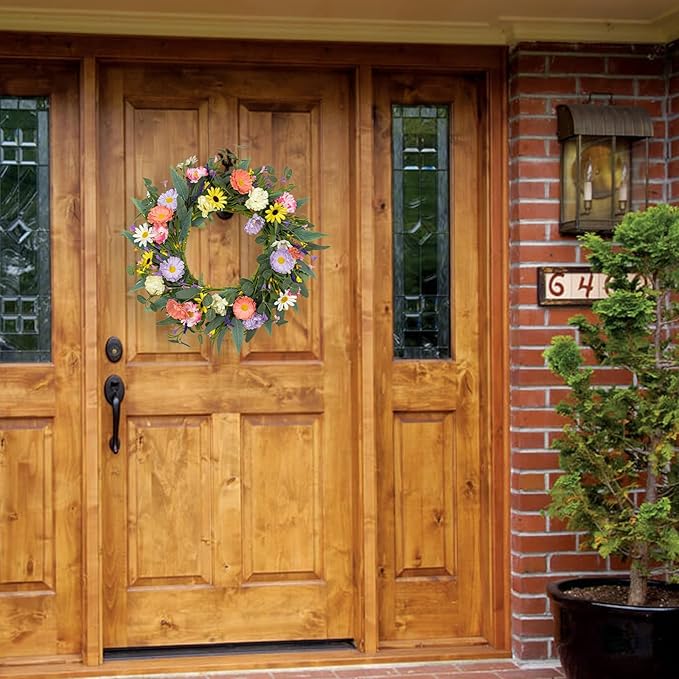 VioletEverGarden Artificial Spring Wreath 20” Purple Yellow White and Pink Flower Wreaths Summer Door Wreath for Home Party Festival Wedding Decor