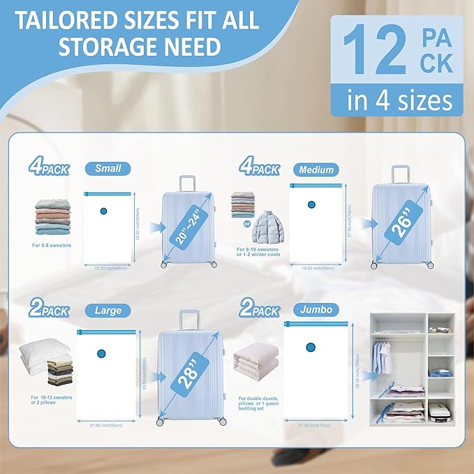 Cozy Essential Travel Vacuum Storage Bags with Rechargeable Cordless Electric Pump, Space Saver Bags for Luggage, Suitcase, Carry-On, for Clothes, Blankets, Comforters, Pillows, 12 Combo