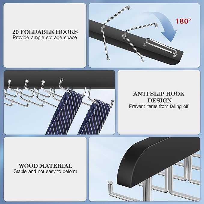 Tie Rack Hanger for Closet 20 Foldable Hooks, 2 Pack Wooden Non Slip Large Capacity Space Saving Tie and Belt Organizer with 360°Rotating Hooks for Tank Tops Bras Scarves Hat
