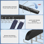 Tie Rack Hanger for Closet 20 Foldable Hooks, 1 Pack Wooden Non Slip Large Capacity Space Saving Tie and Belt Organizer with 360°Rotating Hooks for Tank Tops Bras Scarves Hat