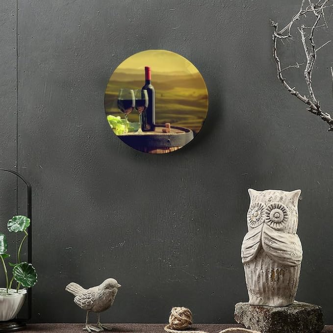 Decorative Plate Stand, 8 Inch, Goblet And Fruit On Wine Barrel Round Display Plate, Handmade Ceramic Ornament, Ceramic Craft for Wall Hanging Decorative