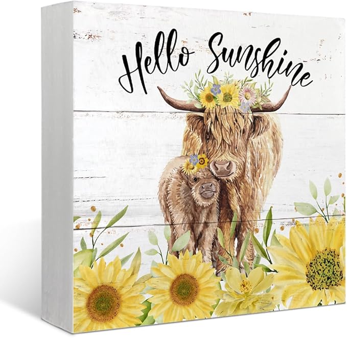 Mtrgdn Summer Decor,Sunflower Highland Cow Decorations, Tiered Tray Decor Western Cow Farmhouse Hello Sunshine Wood Box Sign for Desk Wall Shelf,Gift for Highland Cow Lovers 5x5 Inch