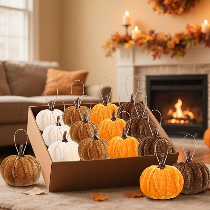 12 Pcs Velvet Pumpkins Fall Thanksgiving Pumpkins Hanging Ornaments Fall Tree Decorations Orange White Brown Velvet Wrapped Pumpkin Ball Decor with Hemp Rope for Thanksgiving Party Tree Farmhouse (A)