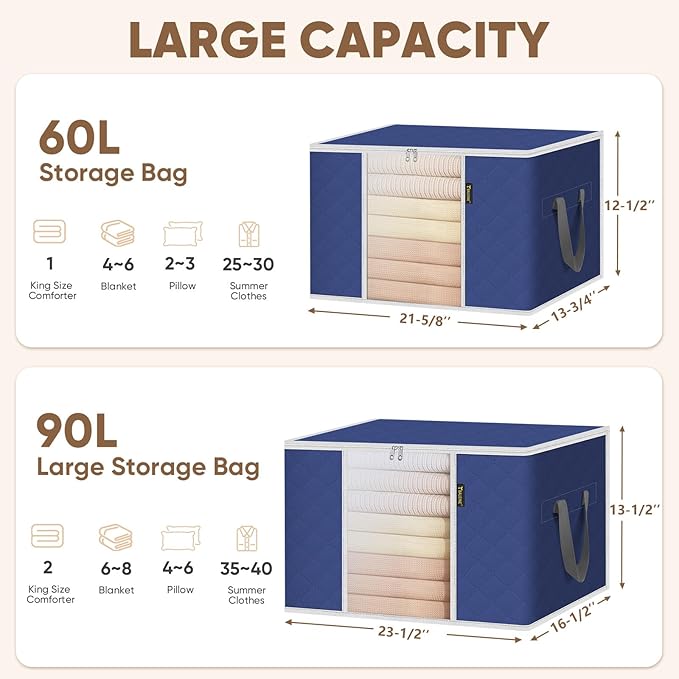 BALEINE 3 Pack Clothes Storage Bags, 24 Gallon Storage Containers with Reinforced Handle, Sturdy Zipper, Closet Organizer for Blanket, Comforter, Pillow, Bedding (Blue, 3 Pack)