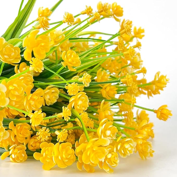 TURNMEON 12 Bundles Artificial Flowers for Outdoors Spring Decor, Realistic UV Resistant Fake Plants Faux Plastic Flowers for Outside Planter Home Gardens Porch Yards Cemetery Summer Decor(Yellow)
