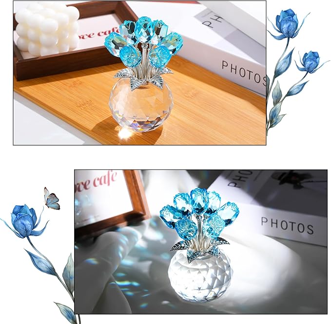 Arikyrist Crystal Lake Blue Rose Bouquet Figurine with Round Vase Gifts for Her, Glass Rose Flower Romantic Keepsakes for Women Mom on Christmas, Collectible Decoration Table Centerpiece for Home