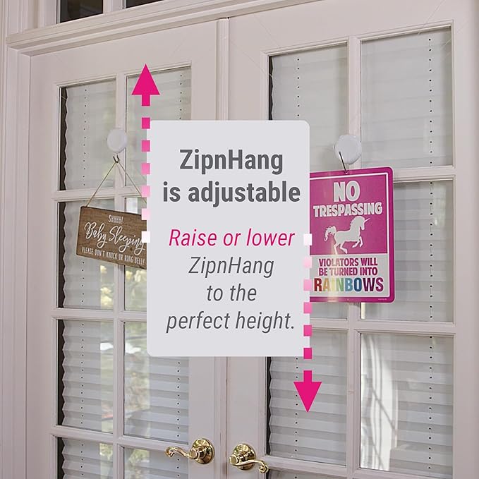 Zip 'n Hang Wreath Hanger for Front Door – Damage Free Adjustable Door Wreath Hanger for Glass, Screen & Standard Doors, Christmas Wreath & Decor Hook (White - 1 Pack)