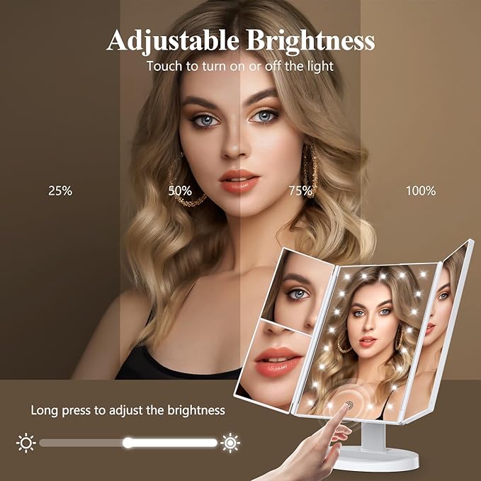 HUONUL Makeup Mirror, Vanity Mirror with Lights, 2X/3X/10X Magnification, Touch Control, Trifold, Dual Power Supply, Birthday Gifts for Women, Wife, Mom, Girls,Dorm Room Essentials