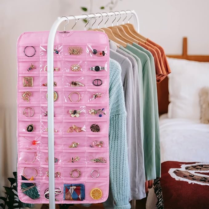 Bloss Valentines Day Gifts for Her,Pink Hanging Jewelry Organizer with 80 Pockets Jewelry Organizers and Storage, Earring Organizer Holder For Jewelry Earring Storage Dating Gifts for Wowen