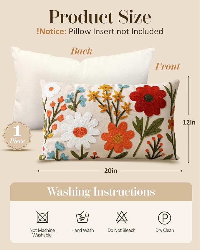 Embroidered Lumbar Pillow Cover 20x12 Inch - Spring Summer Boho Decorative Pillow Cover with Zipper for Living Room Couch Sofa Bed Aesthetic Design Flower Cluster Cushion Pillowcase