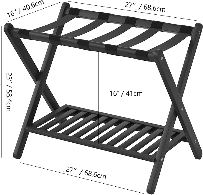 Luggage Racks Set Of 2 Suitcase Stand Foldable With Storage Shelf For Guest Room Hotel Essentials Solid Bamboo Heavy-Duty Item Holder Black