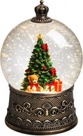 Christmas Tree Snow Globe Christmas Decorations Indoor Gifts Auto Snowfall Glitter Music Collection Teddy Bear Gift Box with 6H Timer USB/Battery Powered 105mm Globe