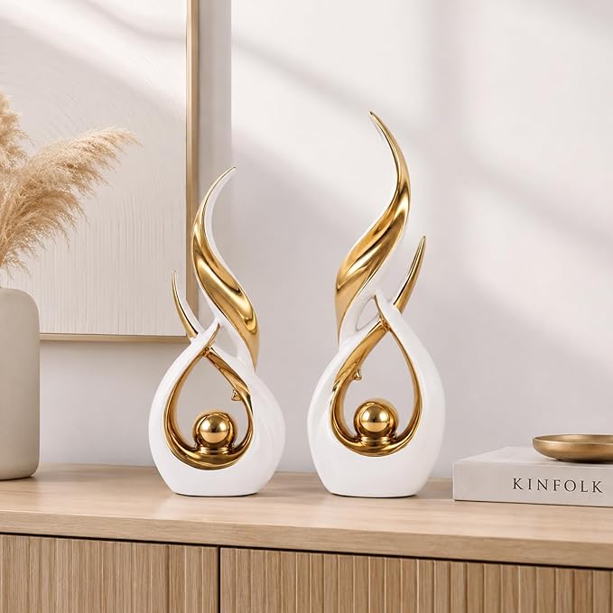 2 PCS White Gold Ceramic Statues For Home Decor Accents, Modern Abstract Art Sculptures, Elegant Tabletop Decorative Objects For Dining Room, Entryway, Tv Stand, Mantel, Coffee Table Centerpieces