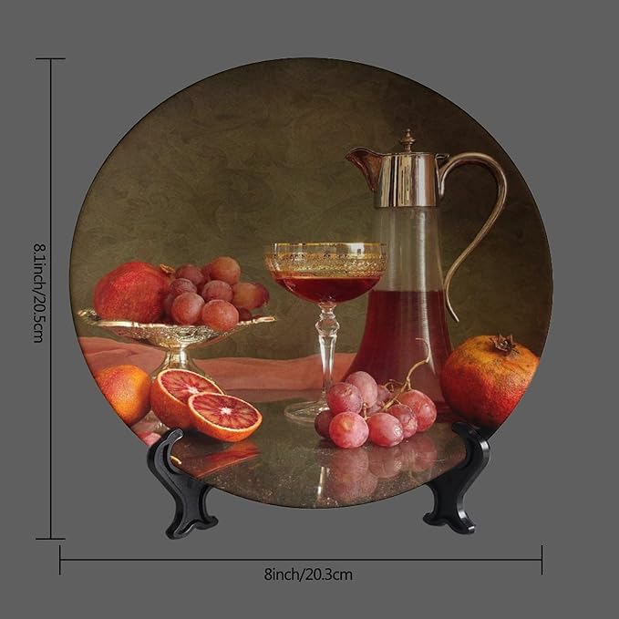 Decorative Plate Holder, 8 Inch, Blood Orange Grape Pomegranate Cider Round Display Plate, Hanging Decorative Plate with Display Stand, for Home Kitchen Bedroom Decorative Ornaments