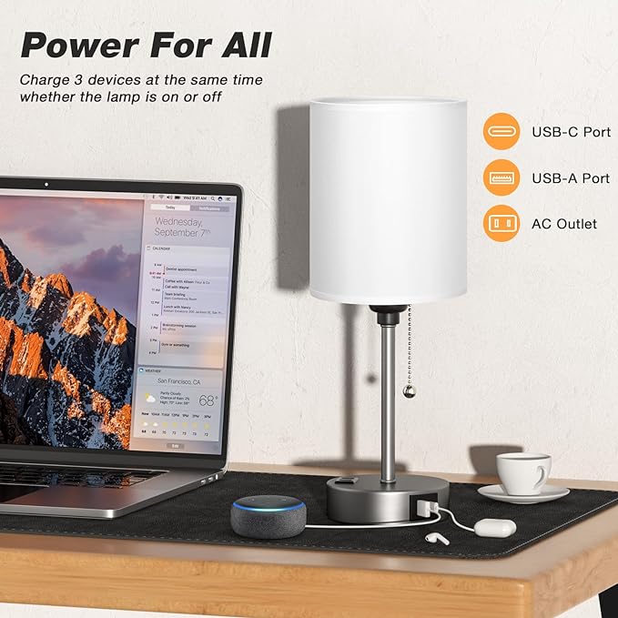 White Bedside Lamp for Bedroom - 3 Color Temperatures Desk Lamp with USB C and A Ports, Pull Chain Table Lamp with AC Outlet, Nightstand Lamp with Silver Metal Base for Kids Girls