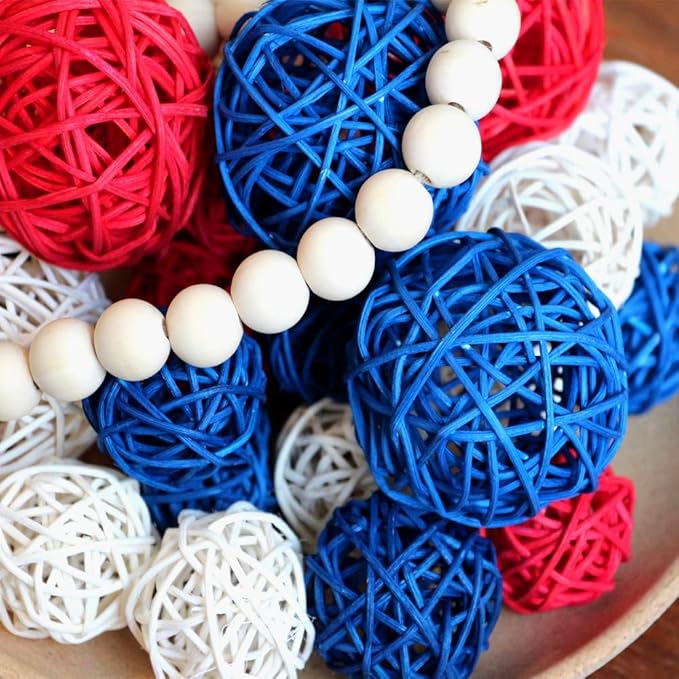 Qingbei Rina 4th of July Wicker Rattan Balls,Independence Day Decorative Balls for Bowls,Vase Filler for Centerpieces,Red White Blue Bowl Fillers for Home Decor,Memorial Day 20 PCS