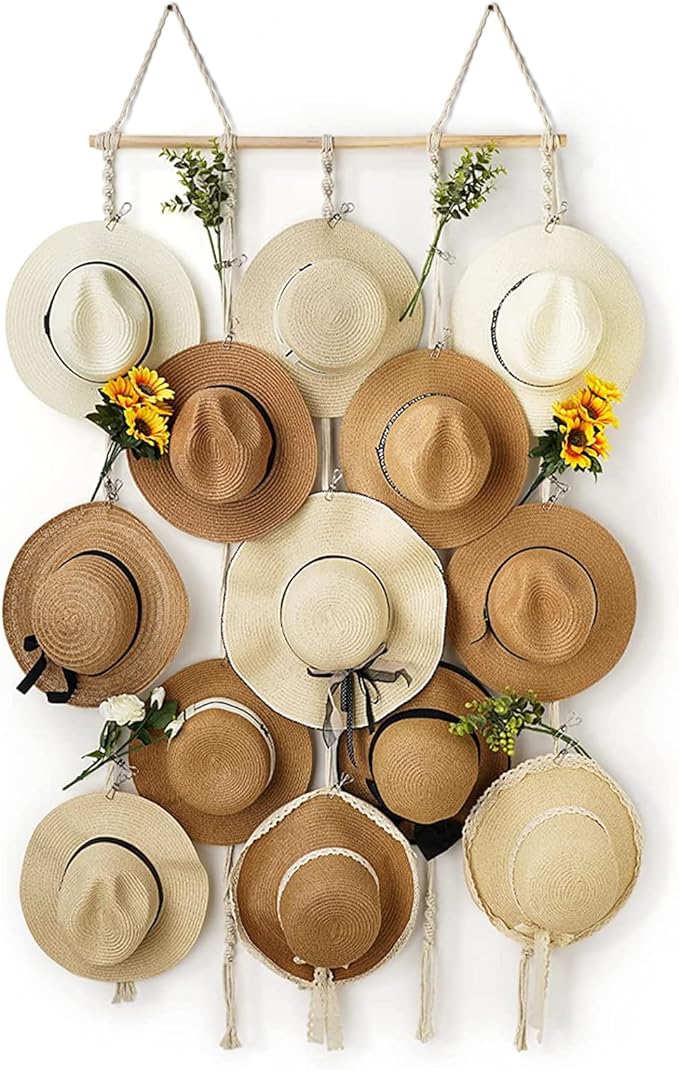 Macrame Hat Rack for Wall 31x53 in Hat Organizer with 15 Clips Hanging Hat Hanger Holder for Women Wide Brimmed Hat Storage for Fedora Boho Decorative Display