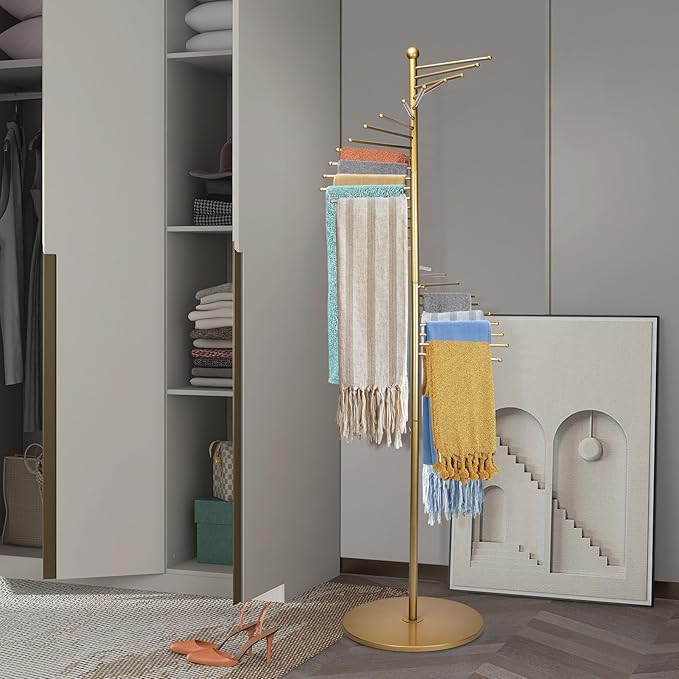 Metal Scarf Rack, Freestanding Spiral Scarf Holder Commercial Hijab Organizer Belt Pants Hanger with 30 Rods for Clothing Store Home, Space Saving Shelves (Color: Gold, Size: 17''x67'')