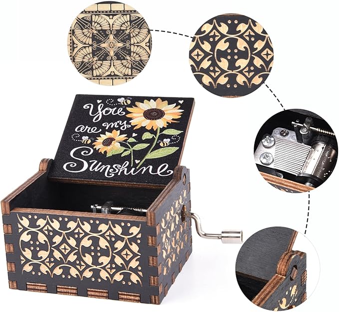 You are My Sunshine Wood Music Boxes, Laser Engraved Vintage Wooden Sunshine Hand Crank Musical Box Gifts for Birthday/Christmas/Valentine's Day/Mothers Day/Anniversary