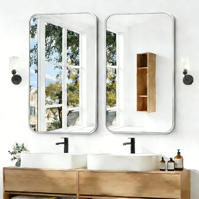 BONEWEI Silver Bathroom Mirror,24x40 inch Wall Mirror for Bathroom Wall Mounted,Rectangle Mirror for Bathroom Over Sink,Modern Frame Round Corner for Living Room,Bedroom Entryway,Horizontal/Vertical