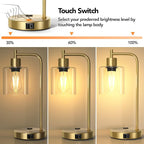 QiMH Set of 2 Industrial Touch Control Table Lamps with 2 USB Ports and 2 AC Outlets, 3-Way Dimmable Bedside Nightstand Reading Lamps with 2700K LED Bulbs, Glass Desk Lamp for Living Room,Bedroom