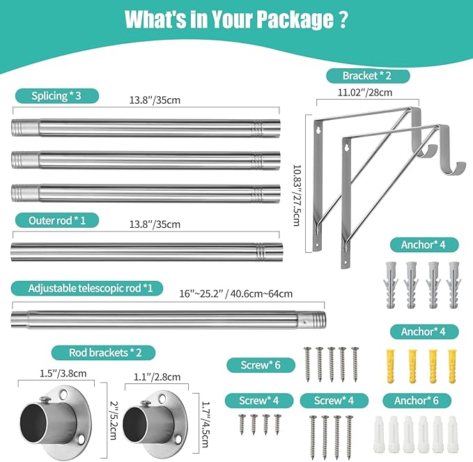 Closet Rod, 16 to 75 Inch Closet Rods Heavy Duty Adjustable Clothes Rods for Hanging Clothes and Heavy Duty Clothes Rod Bracket Closet Rod Support (The Shelf NOT Included) (Silver)