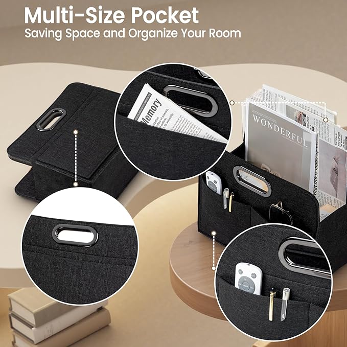 Magzine Holder,Felt foldable Magazine Basket for Storage Organizer, Magazine Newspaper File Laptop Folder with 4 Pockets for dorm, Living Room, Office Storage Holder Bag, Black