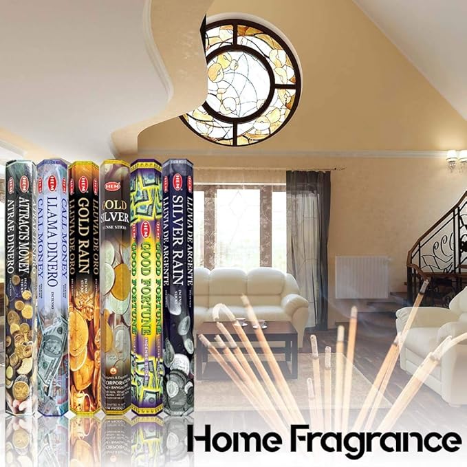 HEM Assorted Incense Sticks – Attracts Money, Call Money, Gold Rain, Gold Silver, Good Fortune & Silver Rain – Pack of 6 – Premium Aromatherapy for Prosperity, Meditation & Home Fragrance.