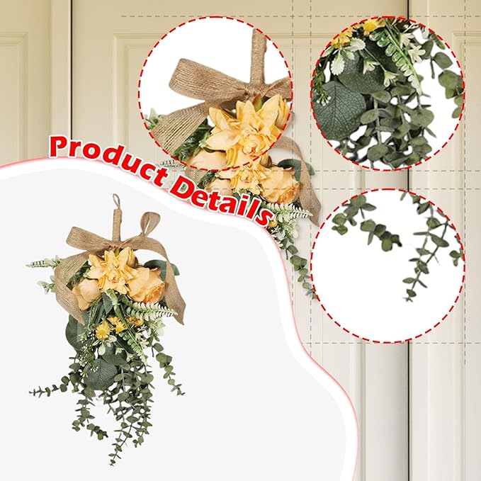 predolo Artificial Floral Teardrop Swag Silk Flower Garland Decorative Ornament Hanging Reusable Front Door Decoration Suitable for Home Decoration Gift, Orange