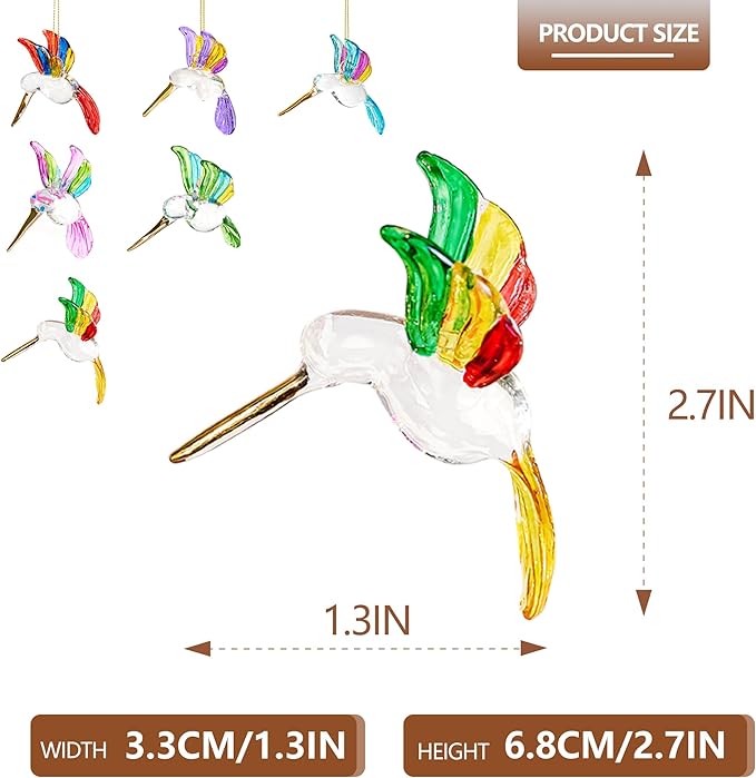 6Pcs Hand Blown Glass Hummingbird 1.3''*2.7'' Small Hanging Ornaments Crystal Humming Bird Figurines Collectible Decor for Home