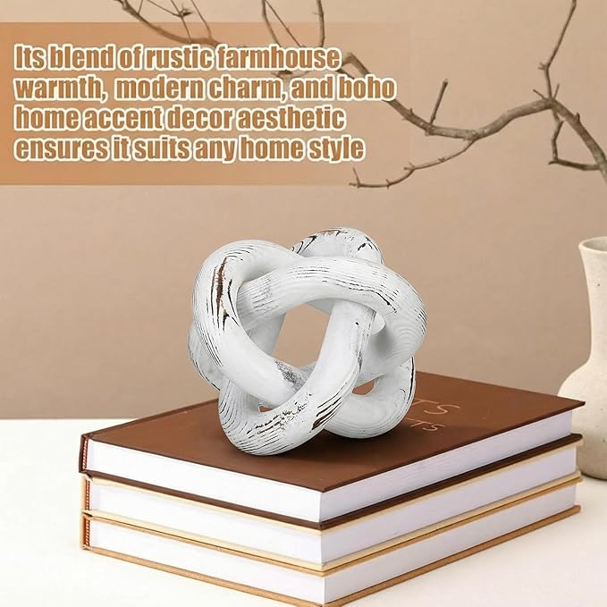 Yalikop 3 Link Wood Knot Decor Rustic Home Décor Accents Hand Carved Coffee Table Decoration, Boho Chain Link Decoration, Modern Shelf, Rustic Objects for Home Living Room Bedroom(Retro White)