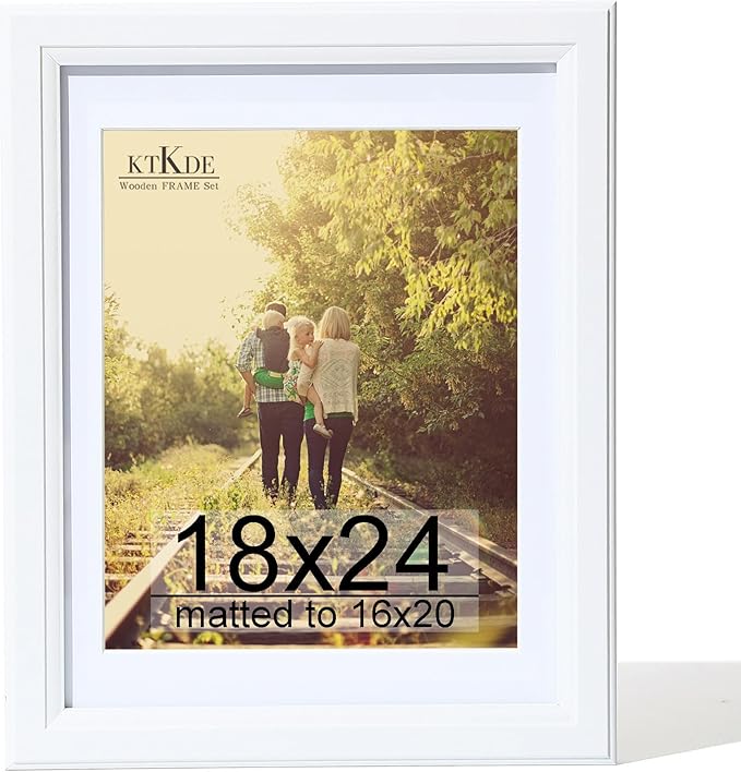 KTKDE 18x24 Poster Frame Real Glass,White Picture Frame Display Pictures 16x20 with Mat or 18x24 Without Mat, Modern Style Wood Composite Frame,Gallery Wall Frame Wooden ，best gift