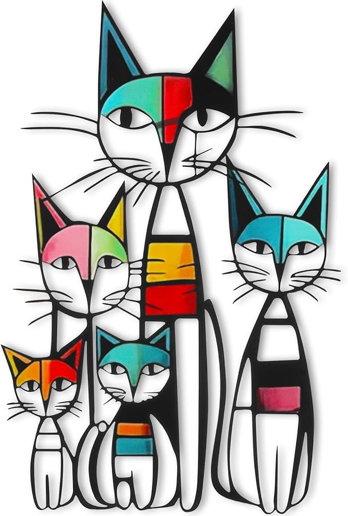 Wesiti Cat Wall Art Decor Metal Cat Wall Sculptures Room Decor for Cats Lover 10.6 x 15.7 Inches Colorful Mid Century Retro Wall Art for Home Living Room Bedroom Kitchen Office