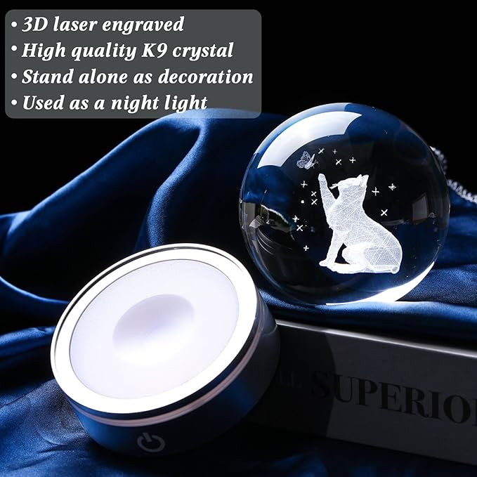 Movdyka Cat Lovers Gifts: 3D Crystal Ball Cat Figurines, Home Office Decor Night Light Snow Globes - 3.15"/8CM