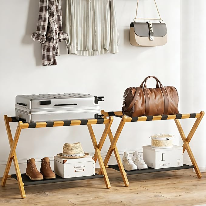 2 Pack Bamboo Luggage Rack for Guest Room, 26.77" Folding Wide Suitcase Stand with Fabric Storage Shelf, Thickened Luggage Stand Holder for Bedroom Hotel, Luggage Rack for Suitcases (2 Pack - Natural)