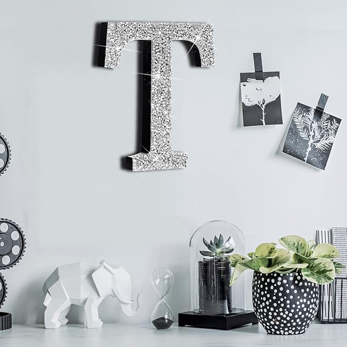 Qunclay 5.7" Silver Crystal Diamond Bling Letters Crushed Diamond Decoration Wooden Glitter Letter with Screw and Hooks Rhinestone Gift for Wedding Y2k Mcbling Bedroom Wall Decor (Letter T)