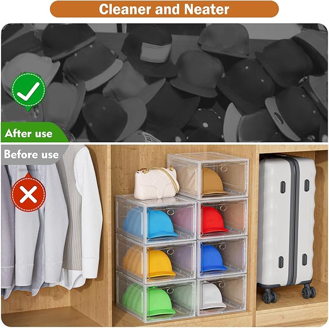 YKLSLH Hat Organizer Box, 6 Boxes for 40 Pack Hats, Upgrade Harder Solid Plastic Hat Organizer for Baseball Caps, Clear Hat Storage with Magnetic Door, Hat Rack Holder Case, Black