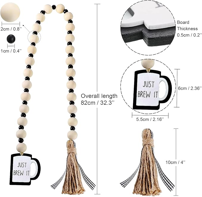 Jetec Coffee Bar Decor Wood Bead Garland with Tassel Coffee Bar Try Decor Accessories, Table, Shelf, Rustic Farmhouse Home