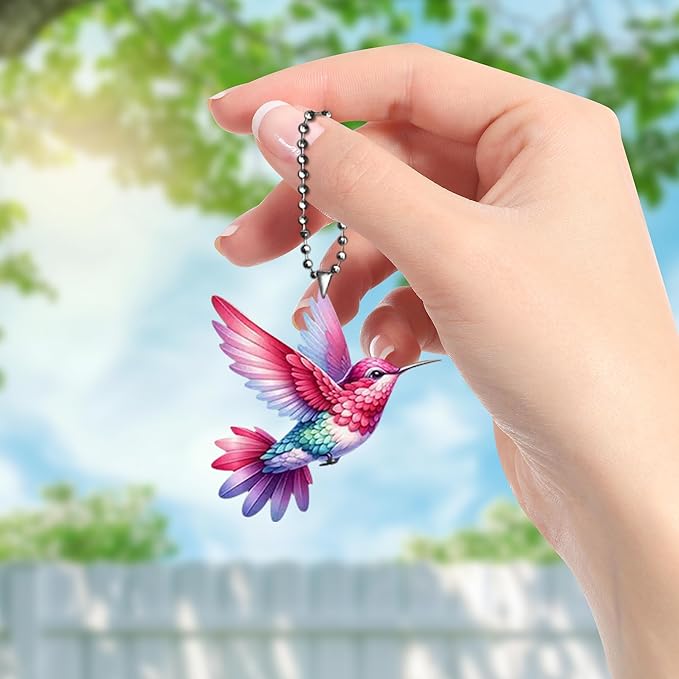 2D Bird Acrylic Hanging Ornament - 8Pcs Flying Birds Christmas Tree Ornaments, Xmas Tree Ceiling Pendants with Lanyard Rearview Mirror Window Charms Gift for Men Women (Hummingbird 1)